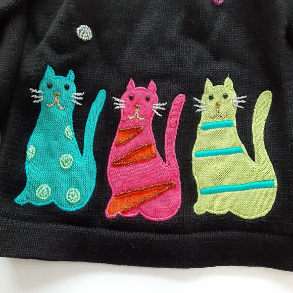 Vintage 90s Cat Cardigan Sweater Black Button Up Embroidered Women L Art to Wear - Picture 3 of 11
